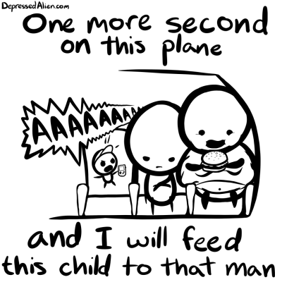 Alien sits on a plane.