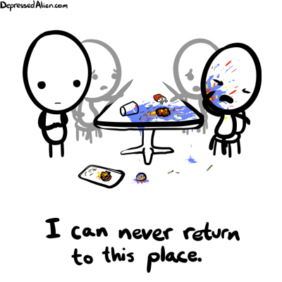 Alien spills his tray.