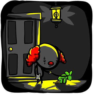 Clown walks his dog.